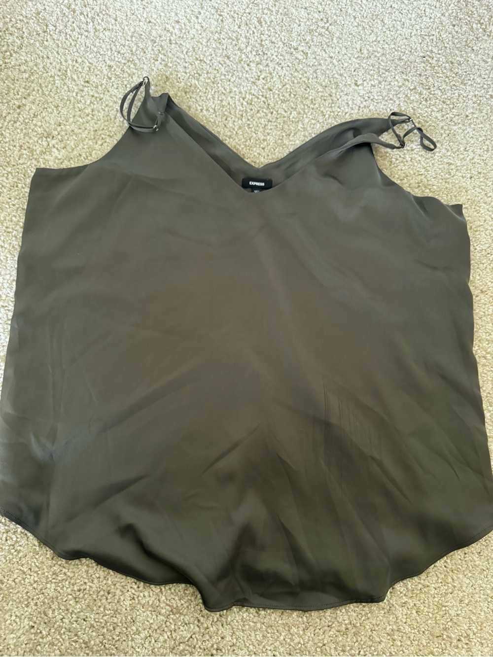 Express Olive Satin V-Neck Cami with Tie Straps